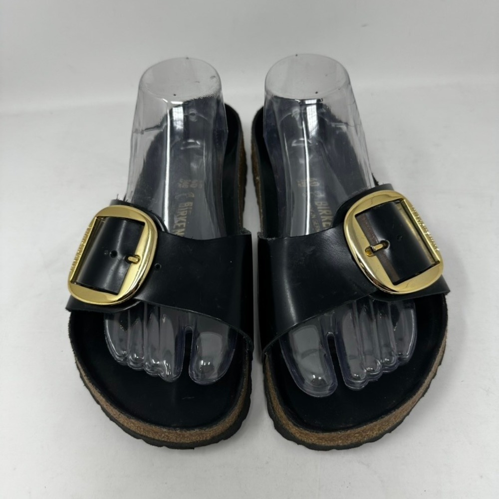 Birkenstock Womens 40 Madrid Big Buckle Black Leather Slide Sandals Gold Buckle